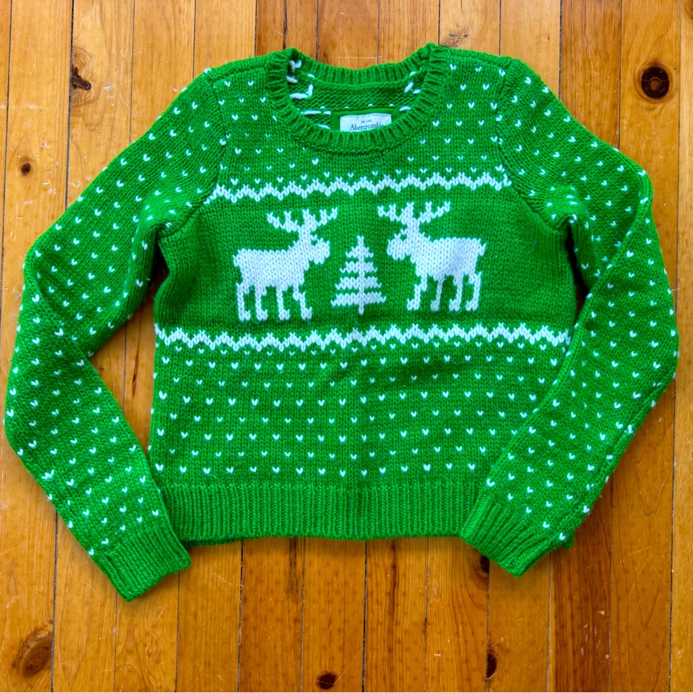 Abercrombie & Fitch XSmall Kelly Green & White Moose & Tree Cropped Sweater
